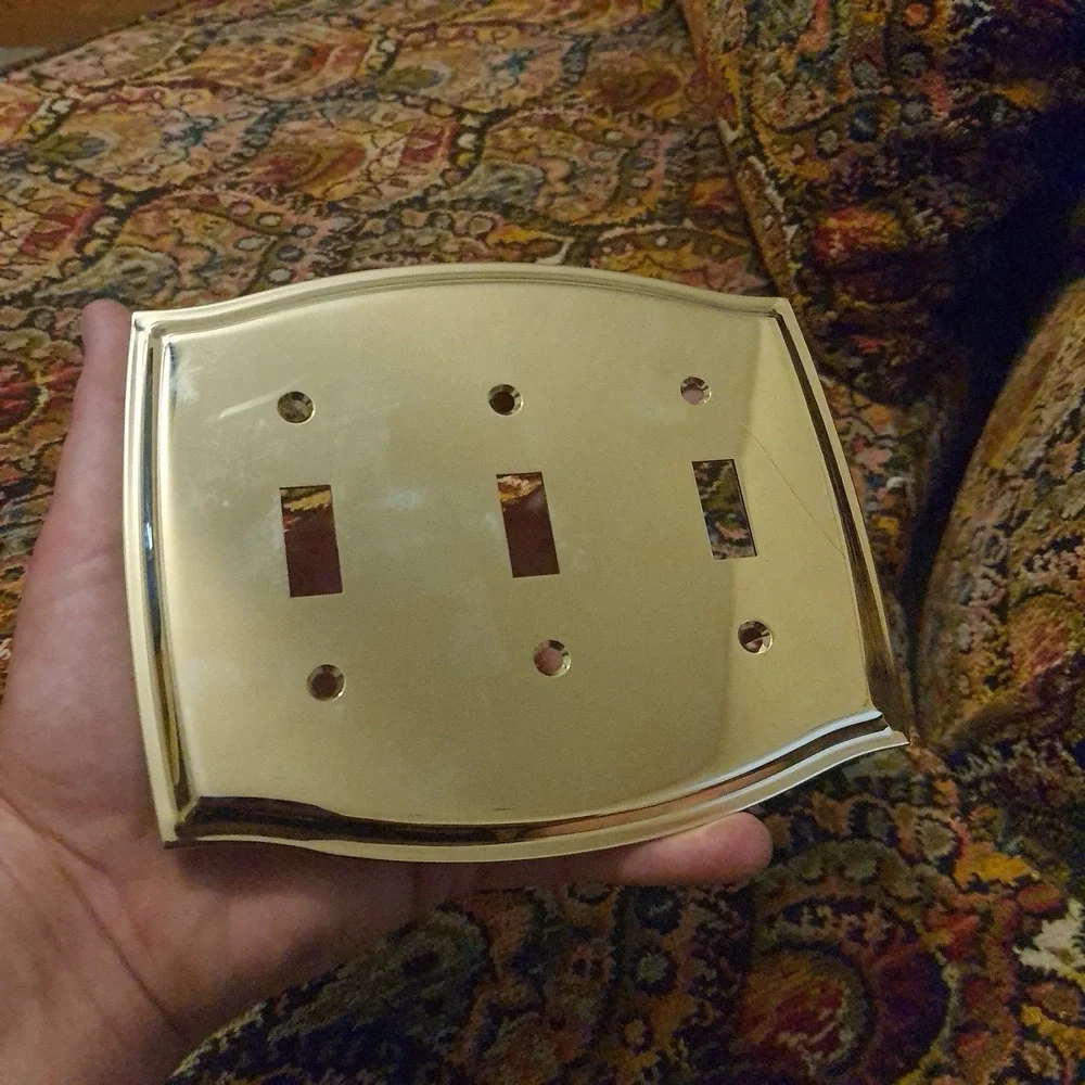 Vintage Brass Triple Toggle Switch Plate Cover Beveled Ornate Design- MidCentury